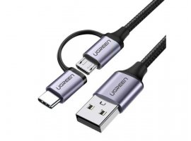 Kabel UGREEN, USB-A(m) na Micro USB (m) + USB-C(m) braided, 1m
