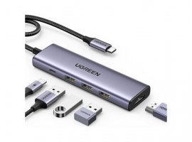 USB-C HUB UGREEN 5-in-1, USB-C na 3x USB-A 3.0, 1x USB-C (PD 100W), 1x 4K HDMI, sivi