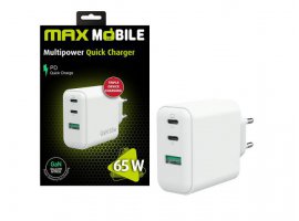 Zidni punjač MAXMOBILE 3UTR2076-QP, 2x USB-C, 1x USB-A, 65W, super brzo punjenje, bijeli
