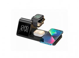 Bežični punjač HAVIT W3042, 3u1, funkcijski sat i budilica, za mobitel (15 W), pametni sat (2.5 W) i bežične slu&scaron;alice (3 W), crni