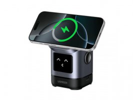 Bežični punjač UGREEN Robot Uno, 3u1, Qi2, za mobitel (15 W), pametni sat (5 W) i bežične slu&scaron;alice (5 W), smart status emojis, sivi
